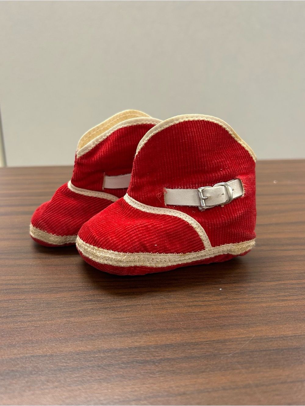 Vintage Corduroy Baby Crib Shoes with Cream Trim Leather Buckles